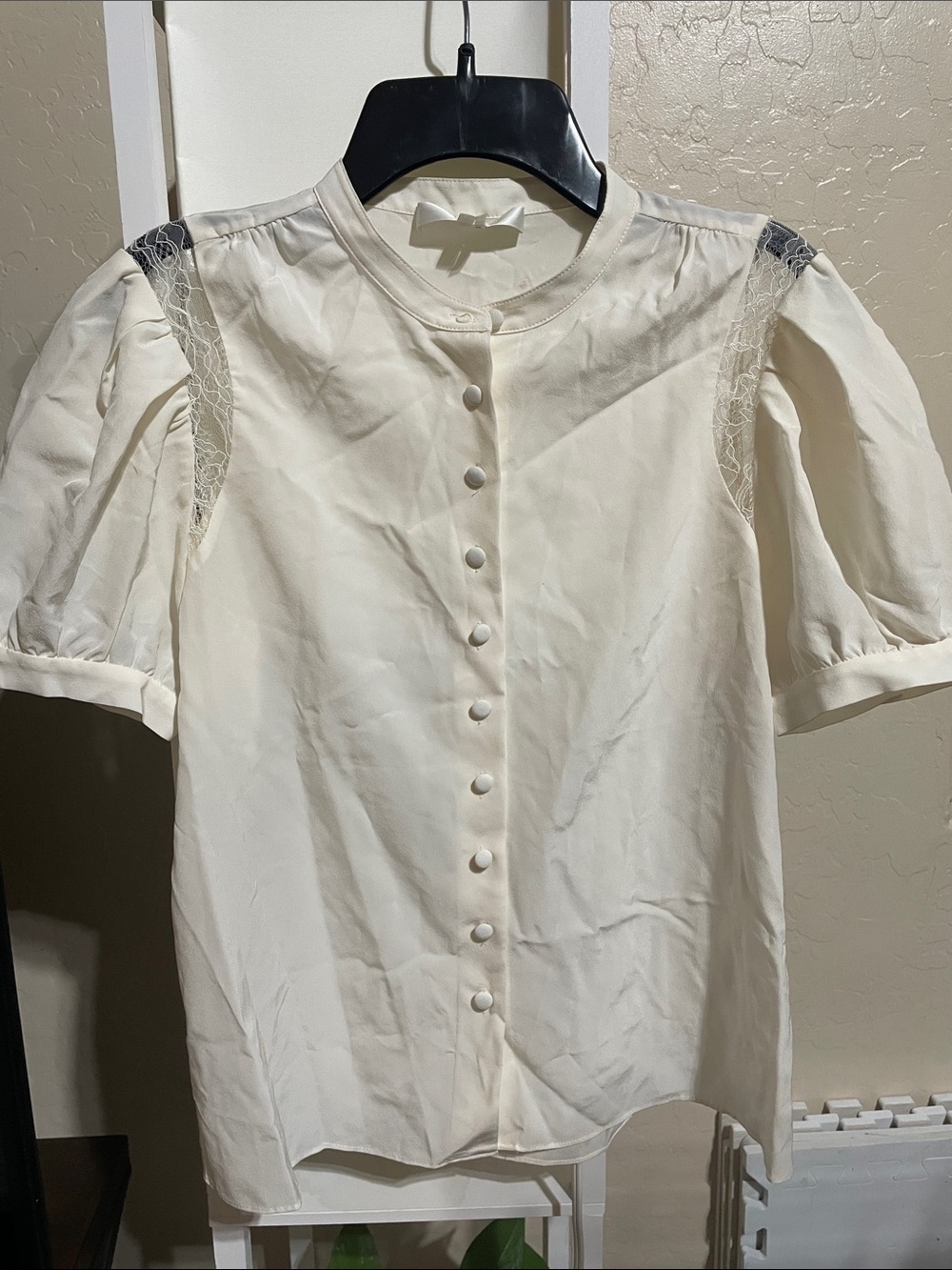 Frame Denim Cream Lace-Trim Puff Sleeve Button Blouse